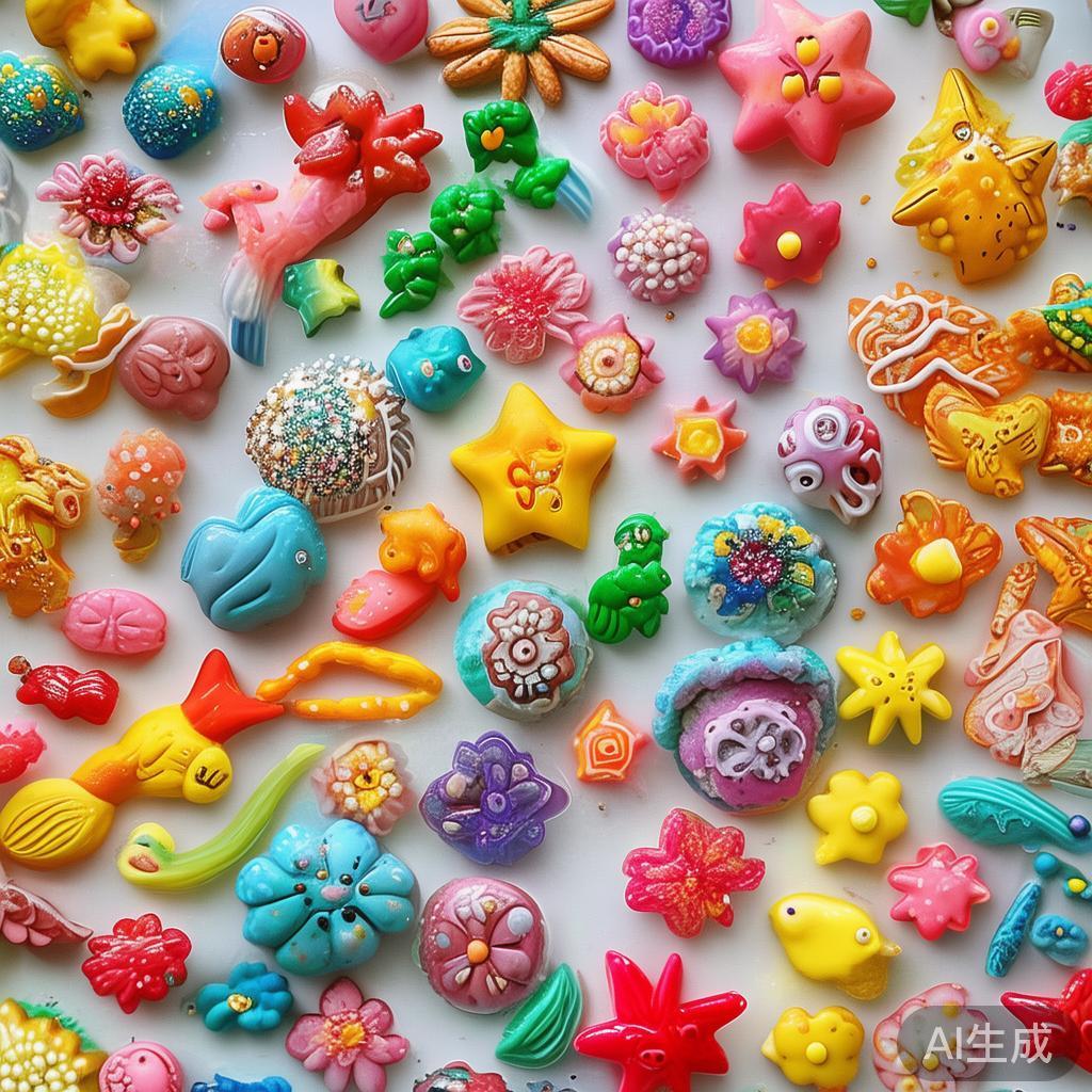 糖果派对中缤纷糖果的丰富外观与独特特色全景展示 而像花形糖果、星星糖果和动物造型糖果,不仅在外形上