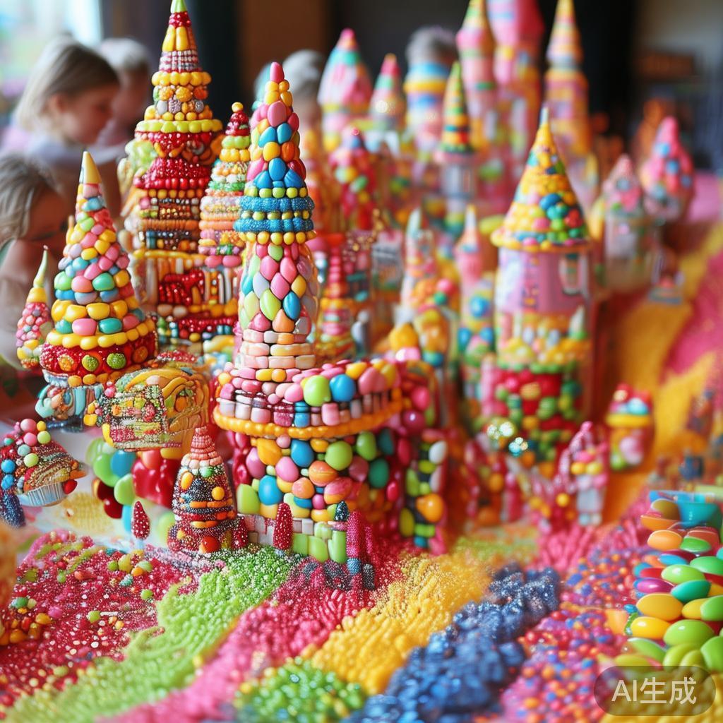 在派对现场，丰富多样的糖果布局是吸引眼球的亮点。例